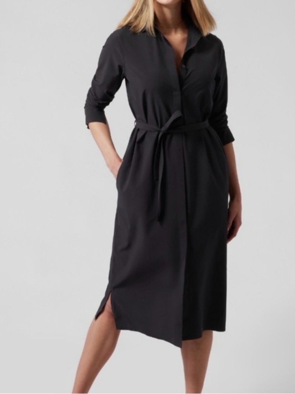 Athleta Urbanite Black Shirt Dress with Waist Tie and Pockets - Petite Large